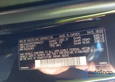 2022 Volvo Xc90 T6 Momentum 7 Passenger z USA, uszkodzony, nr VIN YV4A22PK2N1868257